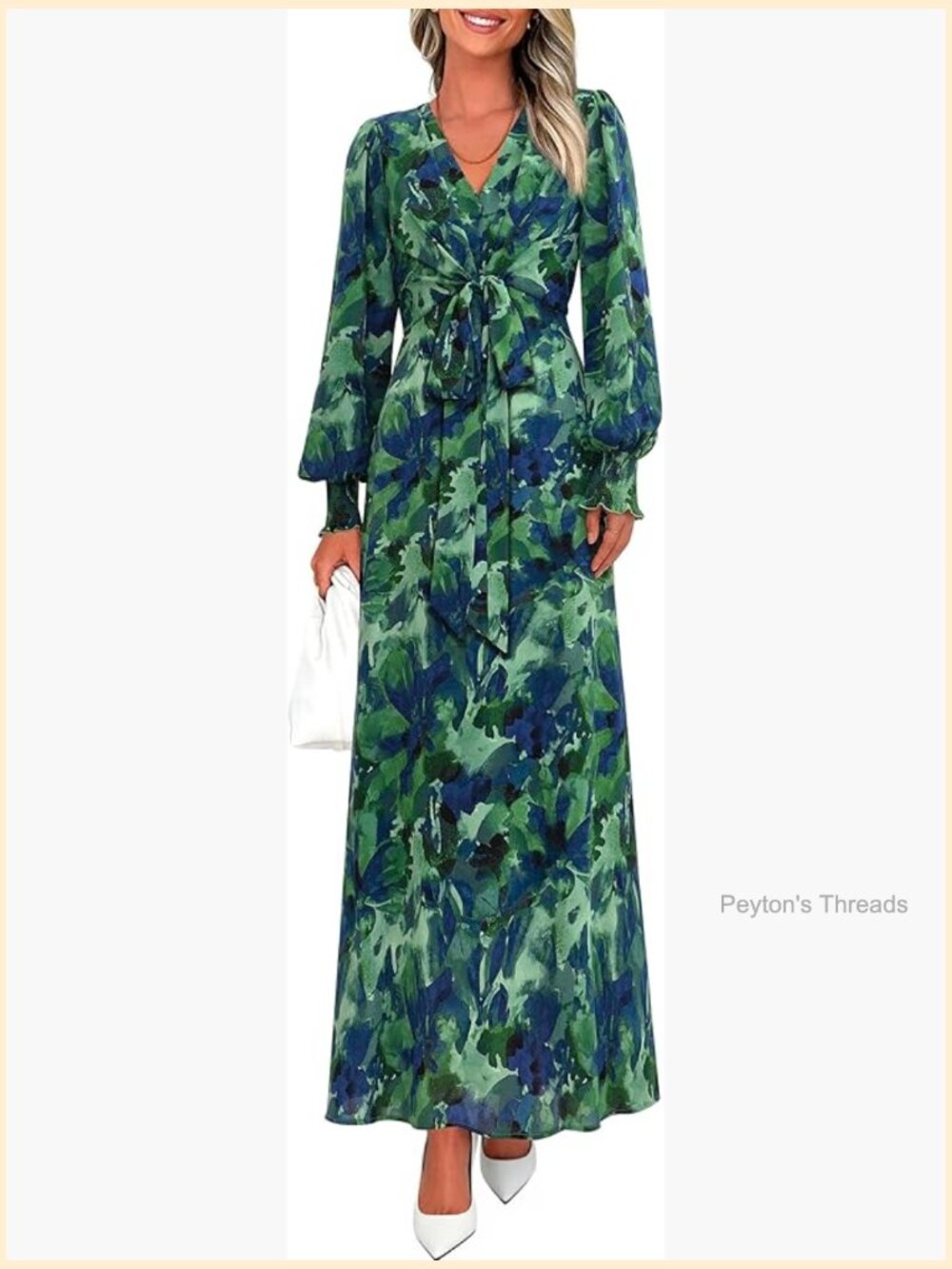 Floral Long Sleeve V-Neck Belted Maxi Dress - Flowy A-Line Boho Wedding Guest